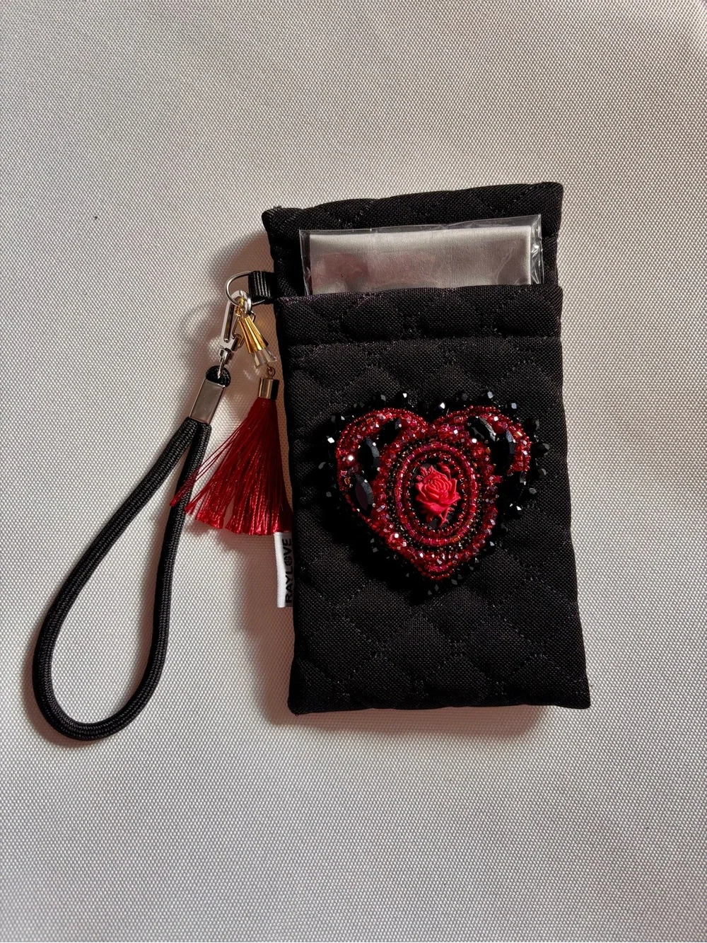 Black Quilted Wristlet Double Sunglass Pouch with Red Hand Beaded Heart